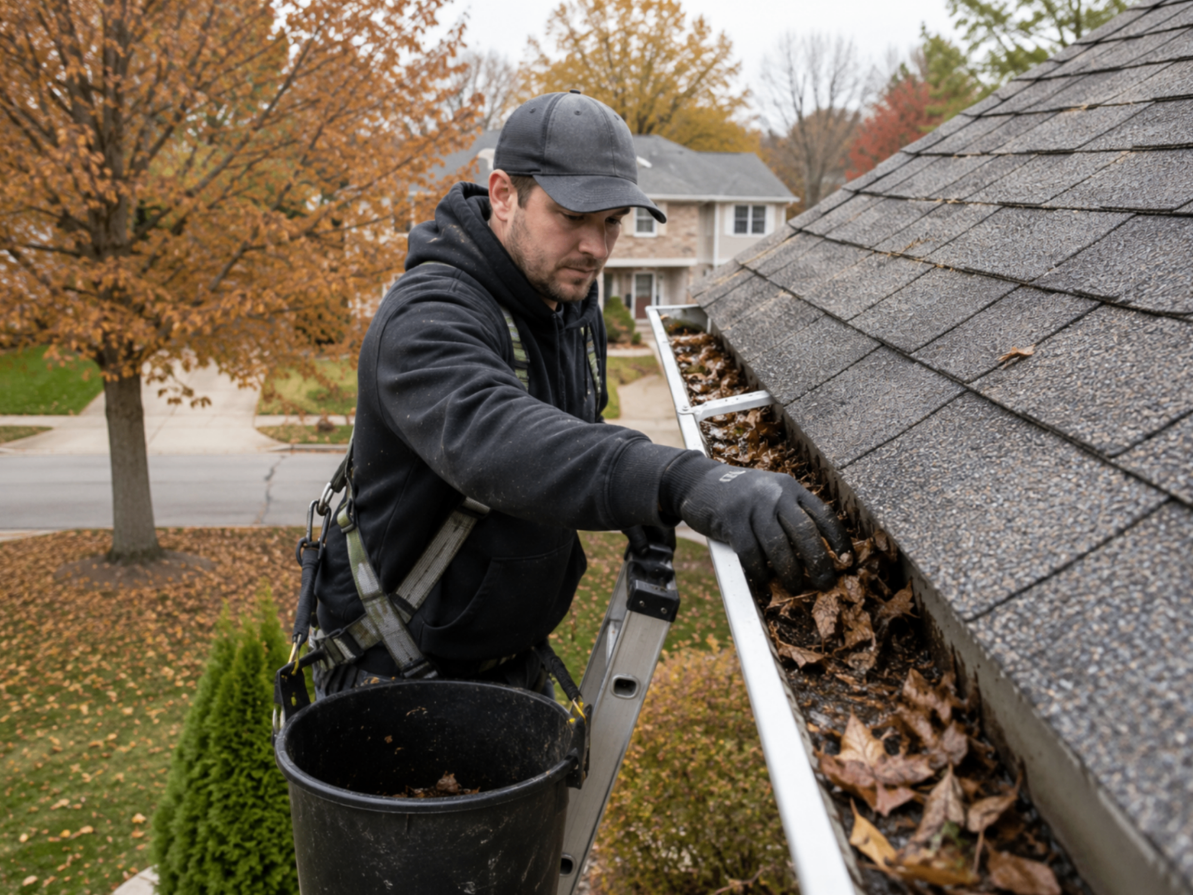 Worker cleaning leaves and debris from a residential rain gutter during a fall gutter cleaning visit in Indianapolis, Indiana