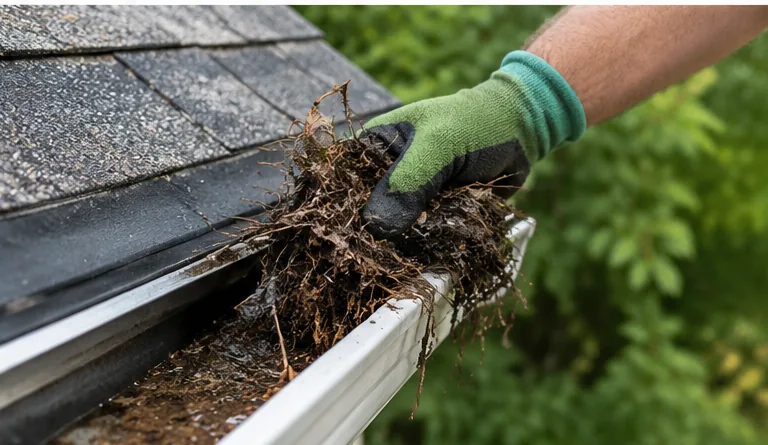 Worker hand-cleaning leaves and debris from a clogged residential rain gutter on an Indianapolis IN home during fall gutter cleaning