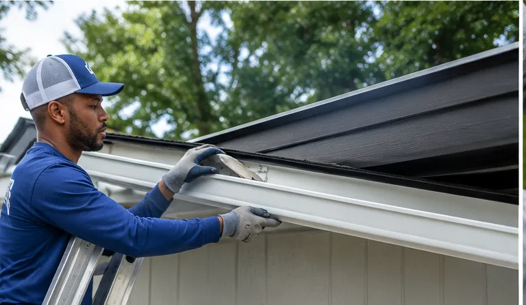 Local Indianapolis IN crew installing new rain gutters along the eaves of a residential home
