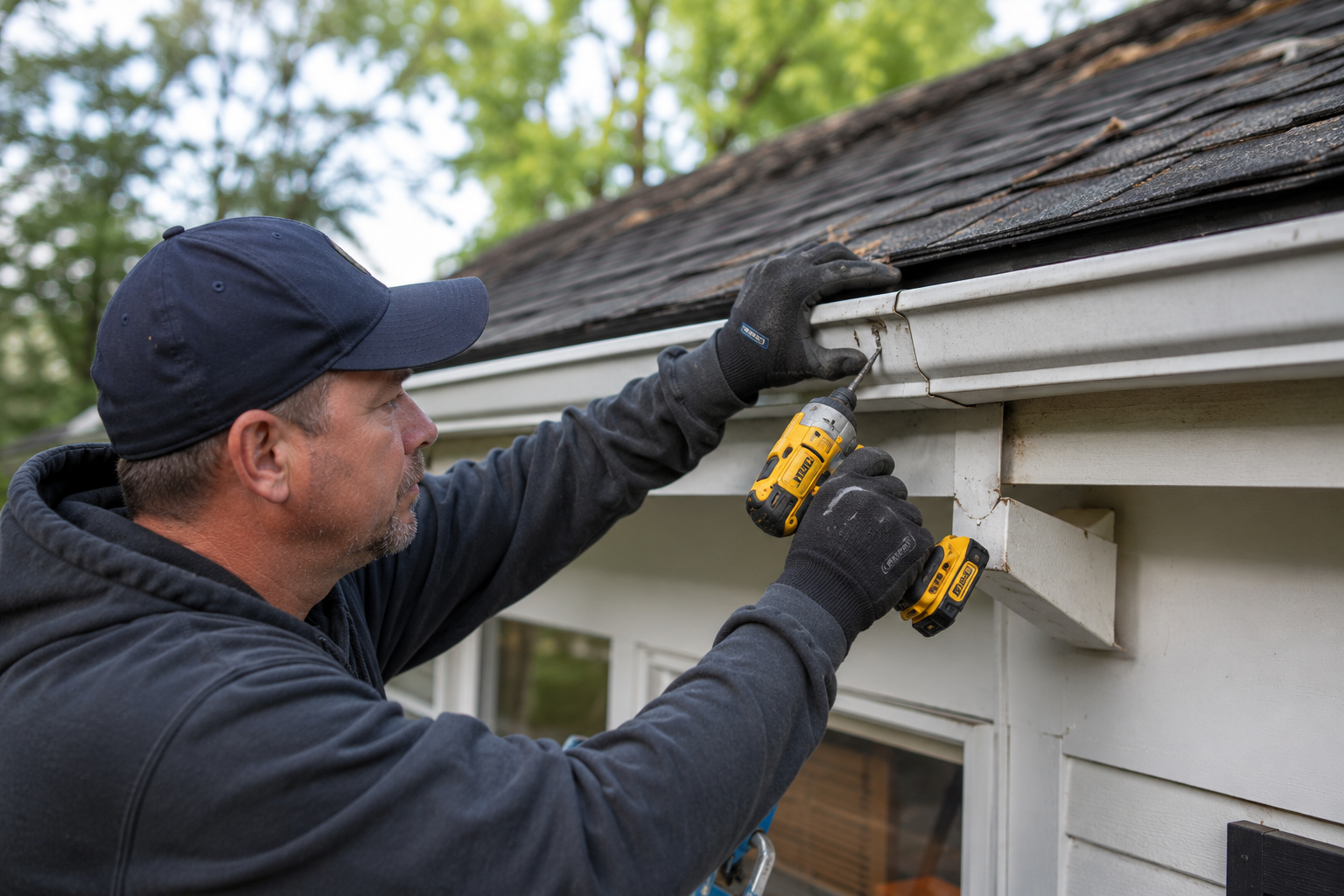 Local Indianapolis IN gutter repair technician using a drill to fasten and repair a damaged rain gutter along the roofline of a residential home